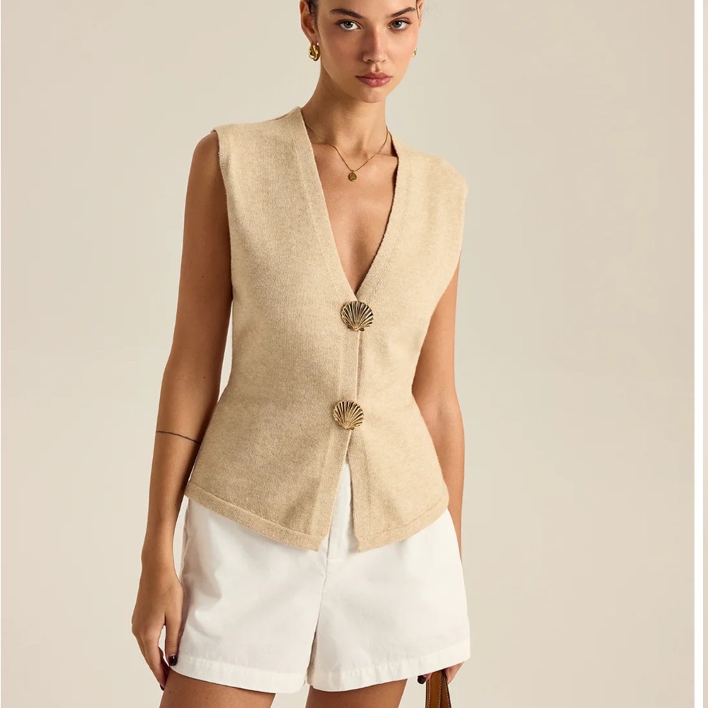 Commense Beige Knit Vest with Decorative Buttons